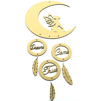 Sitting Fairy Moon Dream Catcher - Mobile with Discs and Feathers MDF