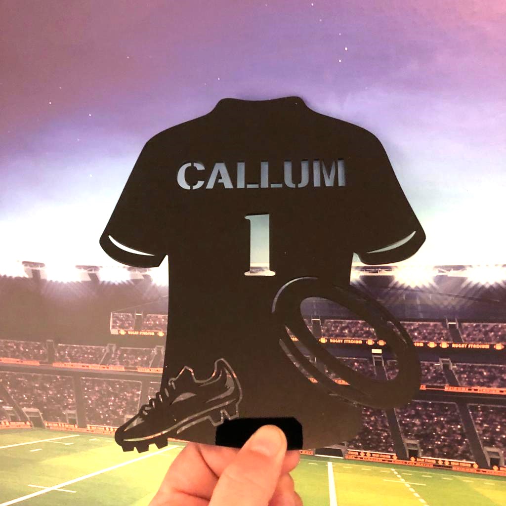 Personalised Rugby Shirt with Boot and Ball Detail Plaque Sign